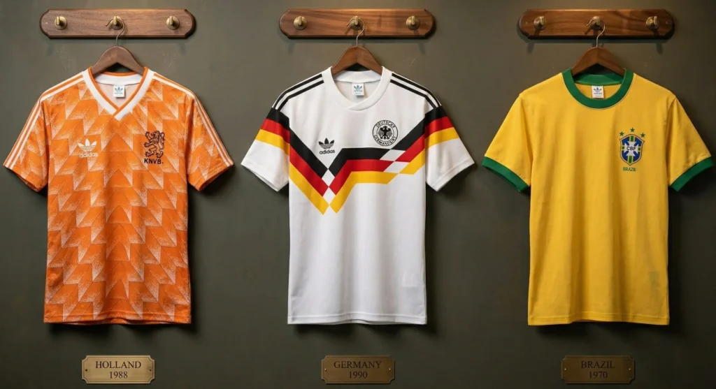 Zestawienie klasycznych koszulek retro z lat 80. i 90. prezentowanych przez Jersey Collection.