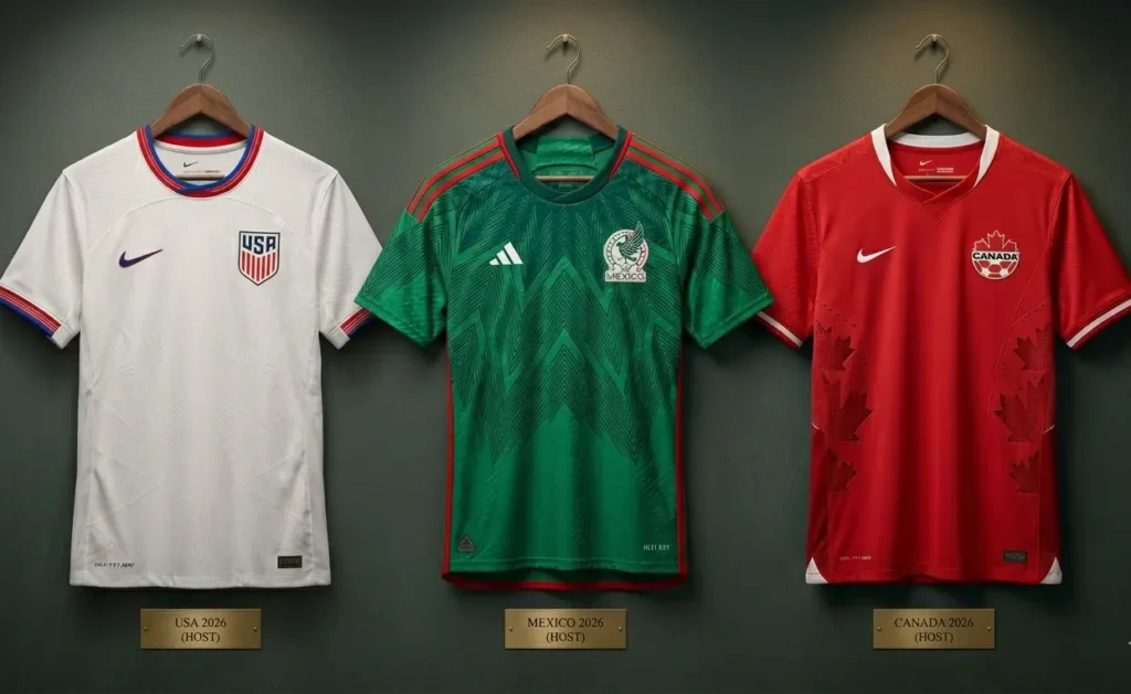 Zestawienie trzech koszulek piłkarskich reprezentacji gospodarzy Mundialu 2026: USA, Meksyku i Kanady wiszących na drewnianych wieszakach.