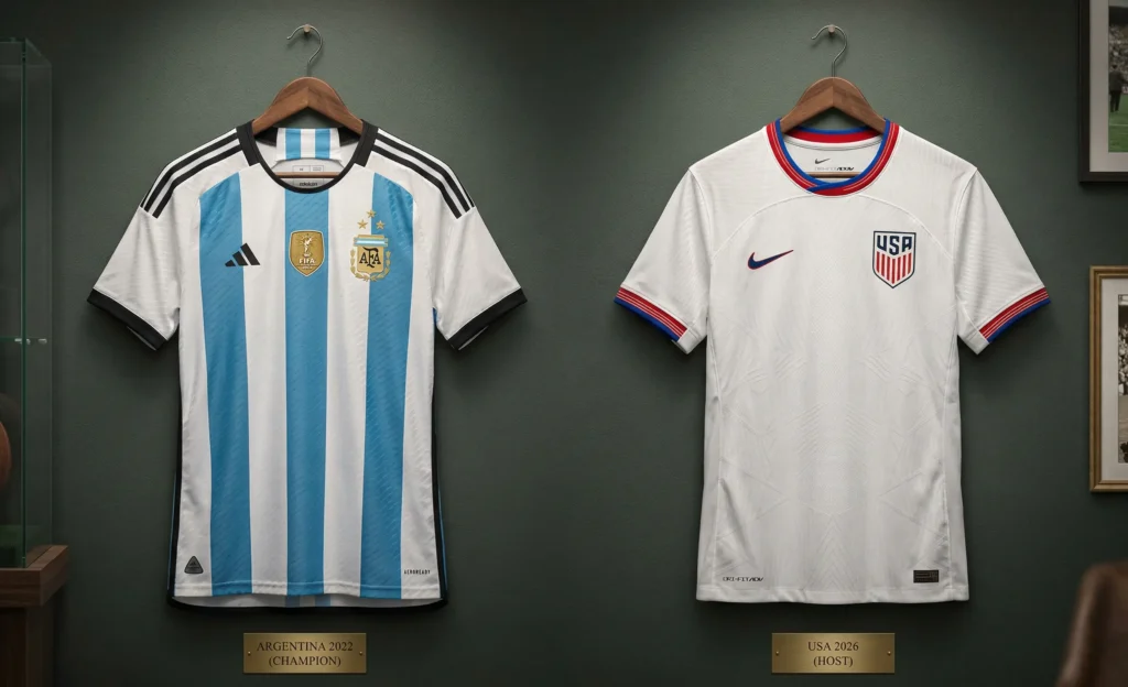 Zestawienie nowoczesnych koszulek piłkarskich reprezentacji z lat 2022 (Argentyna) i 2026 (USA) na tle ściany kolekcjonera.