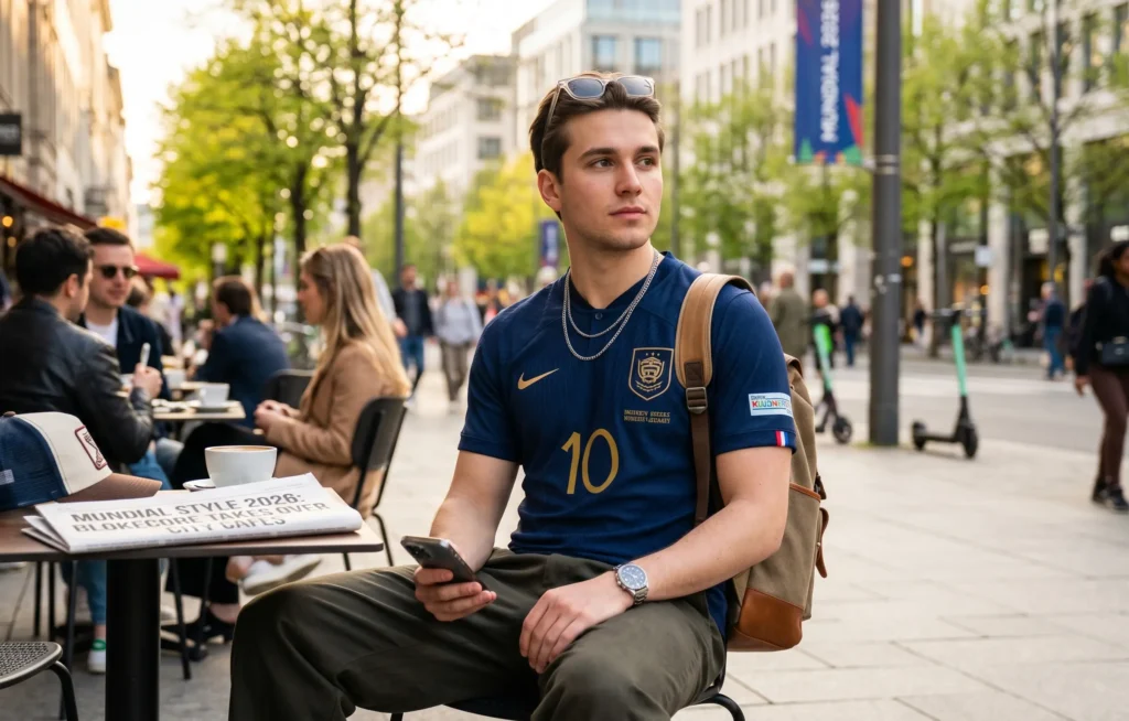 Mężczyzna w stylizacji blokecore siedzący w miejskiej kawiarni, ubrany w koszulkę piłkarską reprezentacji z 2026 roku i modne okulary.