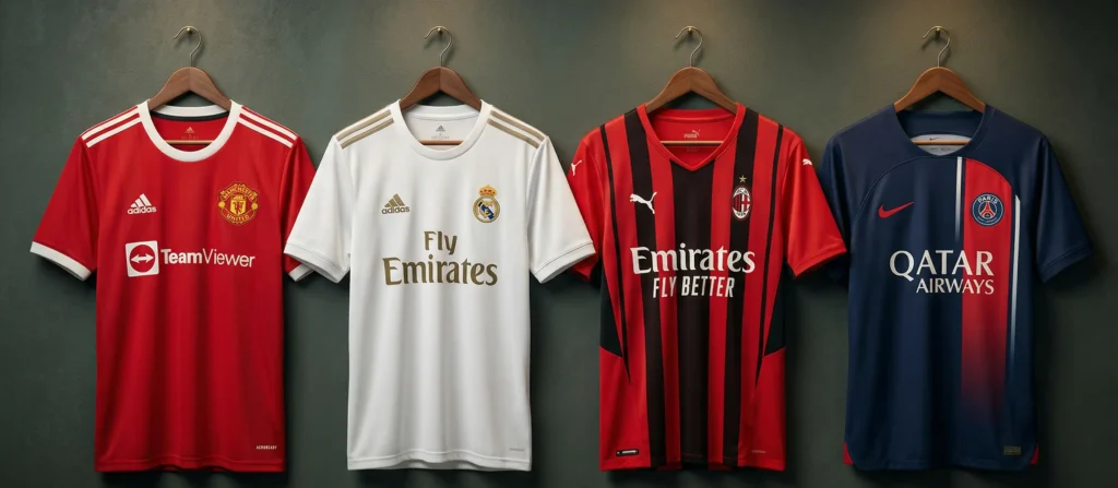 Kolekcja czterech różnych koszulek piłkarskich z lig Premier League, La Liga i Serie A i Ligue 1 wiszących obok siebie.
