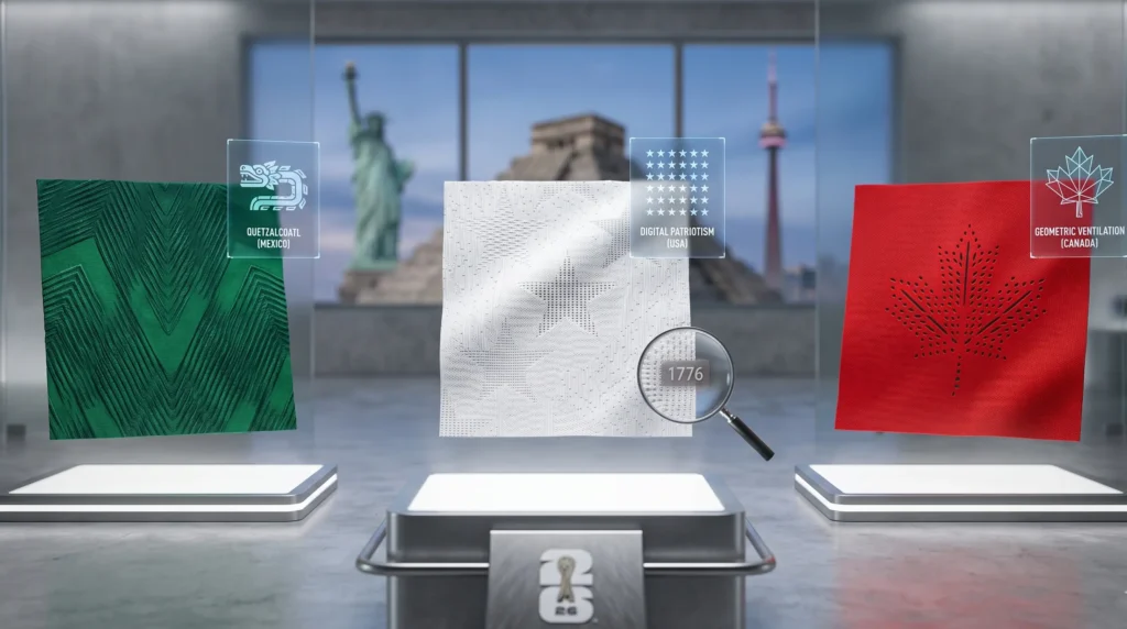 Artystyczne zbliżenie na tekstury materiałów koszulek piłkarskich gospodarzy Mundialu 2026 ukazujące azteckie wzory i techniczne sploty.