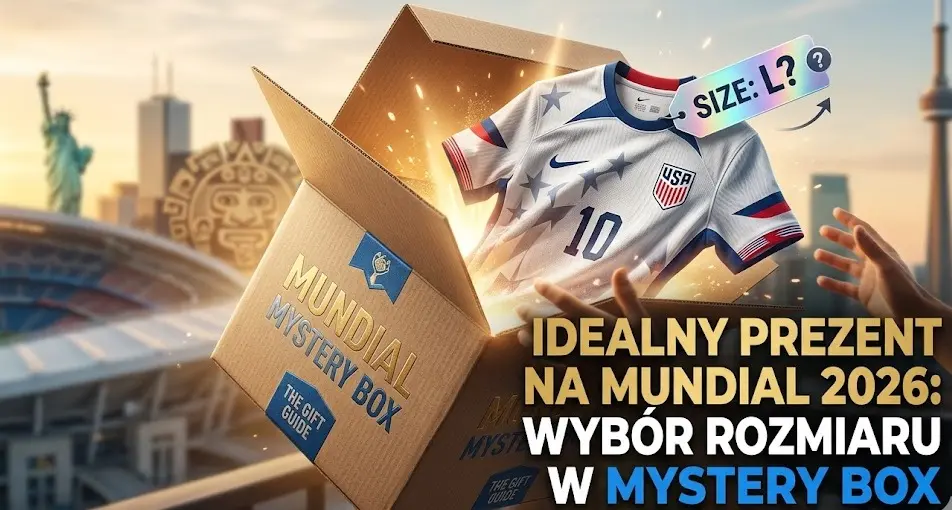Dynamiczna okładka wpisu o wyborze rozmiaru w Mystery Box na prezent na Mundial 2026, ukazująca eksplodujące pudełko z koszulką i tytułem w języku polskim.